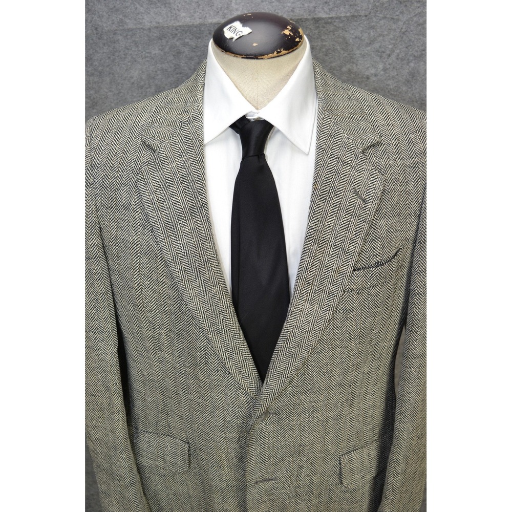 VTG Lanvin Blazer‎ Mens 42 Gray Herringbone 2 Button Barneys Jacket Sport Coat